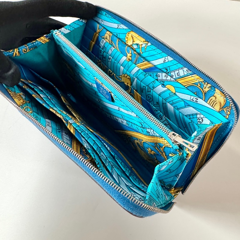 HERMES Silk in 藍色 Epsom 絲巾 拉鍊 長夾-3