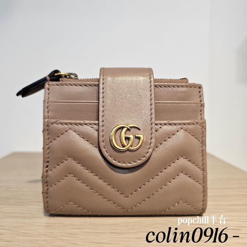 Gucci藕粉色牛皮Marmont 霧金釦短夾-0