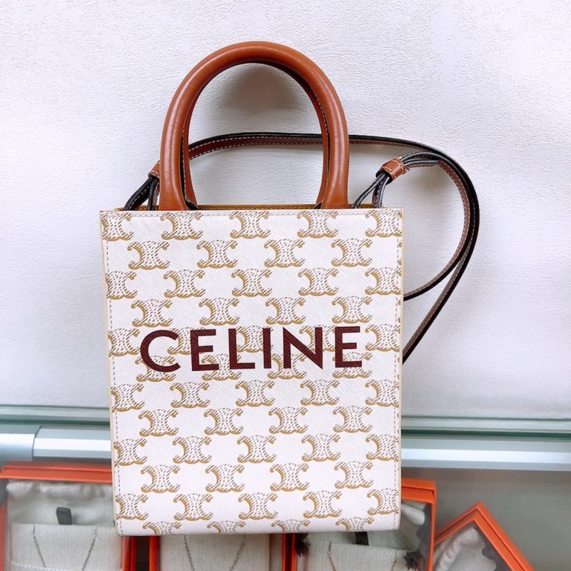Celine 白色老花 豎款迷你托特包/風琴包-0