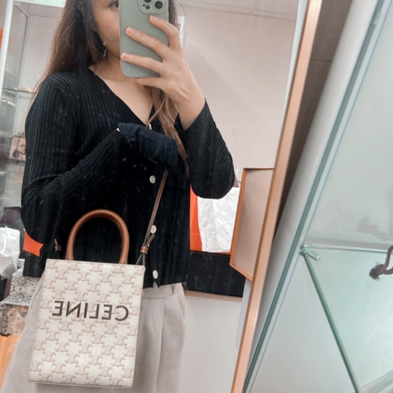 Celine 白色老花 豎款迷你托特包/風琴包-14