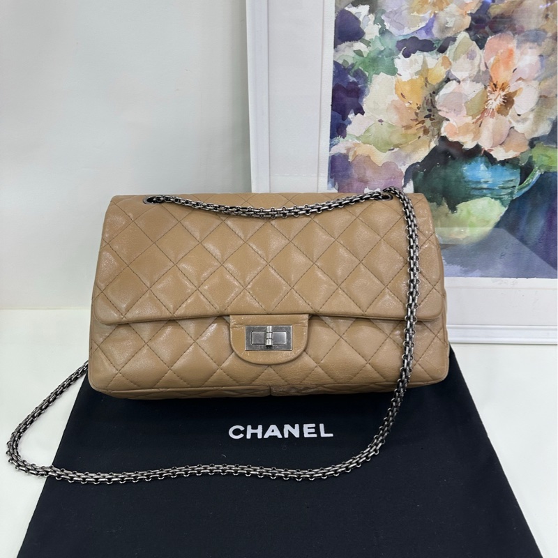 Chanel香奈兒 2.55小號淡米色牛皮 鏈條單肩斜背包 13開-0