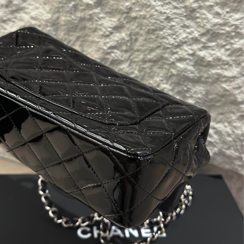 Chanel 香奈兒 黑銀 大miniCF 漆皮鏈條 19開-4