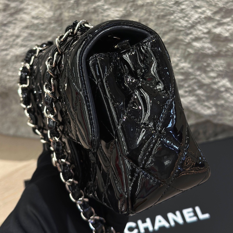 Chanel 香奈兒 黑銀 大miniCF 漆皮鏈條 19開-5