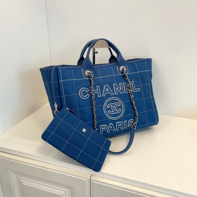 Chanel 香奈兒 23C 晶片款 格子外縫線藍色子母托特 沙灘包-5