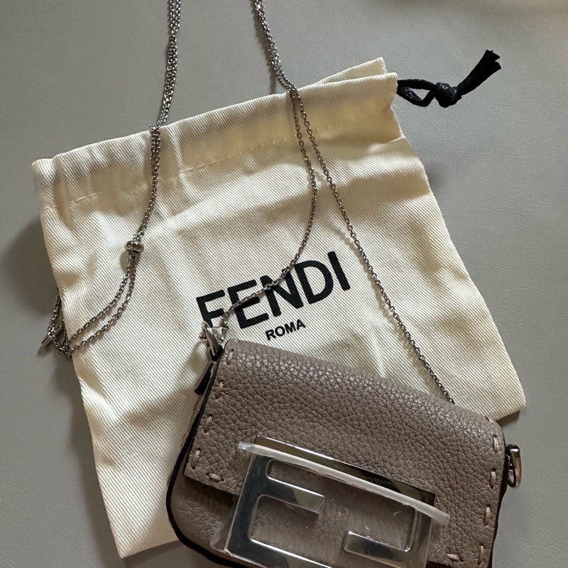 Fendi 7AS045大象灰牛皮粗縫線銀鍊超迷你法棍包 Selleria系列 可愛小包-0