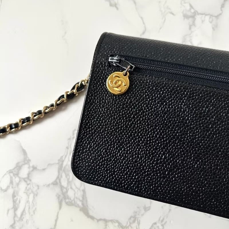 【LA LUNE】中古Chanel黑色魚子醬皮革WOC手袋側斜孭背長夾單肩包-5