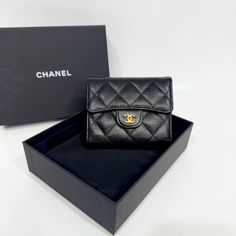 Chanel黑金荔枝牛皮三折短夾AP0231-0