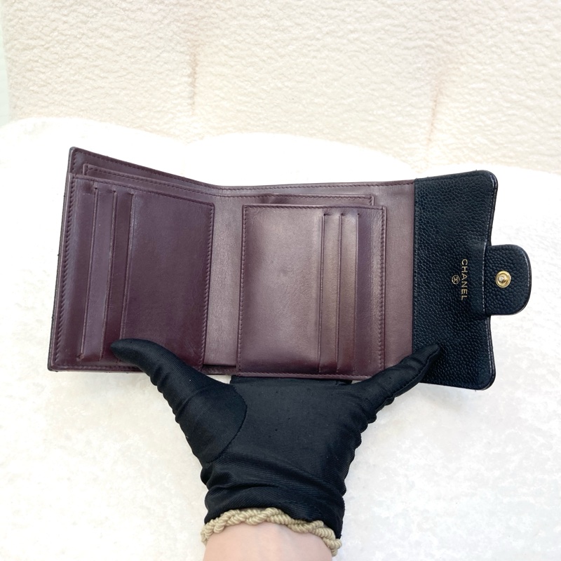 香奈兒經典coco短夾Chanel黑金荔枝牛皮三折短夾AP0231-5