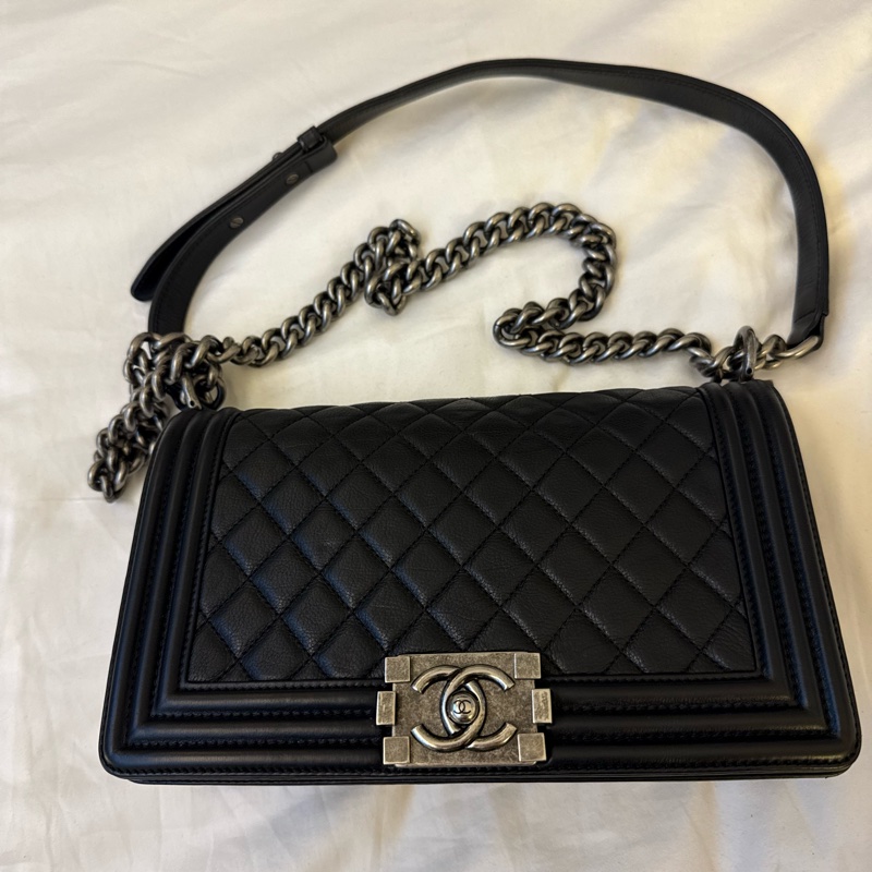 chanel leboy25 公分 黑銀牛皮復古銀扣-0