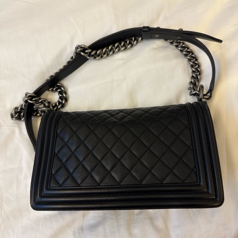 chanel leboy25 公分 黑銀牛皮復古銀扣-11