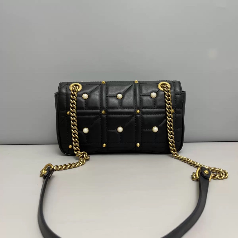 Gucci古馳marmont中號黑金全皮珍珠柳丁單肩斜挎-1