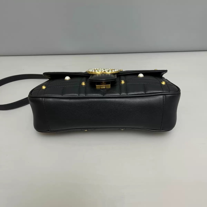 Gucci古馳marmont中號黑金全皮珍珠柳丁單肩斜挎-2