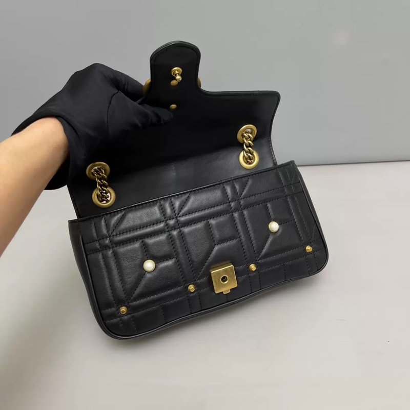 Gucci古馳marmont中號黑金全皮珍珠柳丁單肩斜挎-4