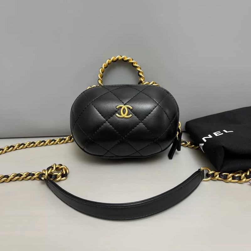 Chanel香奈兒 黑金全皮菱格手柄膠囊鏈條包-0