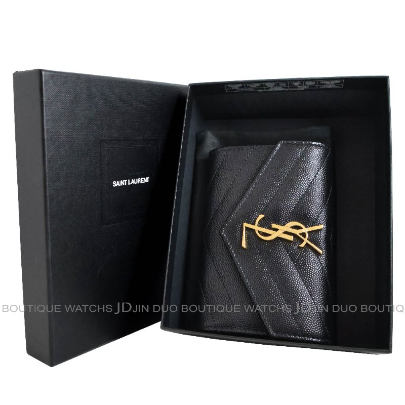 金鐸精品~C772 SAINT LAURENT YSL Monogram聖羅蘭經典山形紋金扣黑色粒面壓紋皮革小型信封款中夾 全新展示品-0