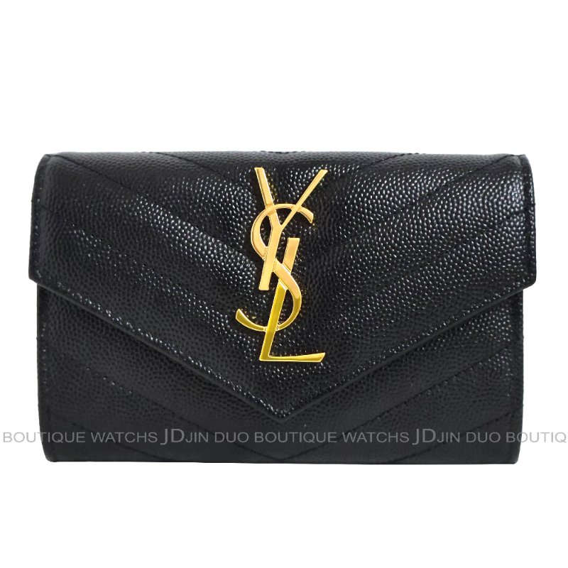 金鐸精品~C772 SAINT LAURENT YSL Monogram聖羅蘭經典山形紋金扣黑色粒面壓紋皮革小型信封款中夾 全新展示品-1