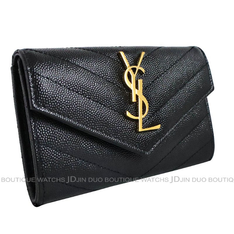金鐸精品~C772 SAINT LAURENT YSL Monogram聖羅蘭經典山形紋金扣黑色粒面壓紋皮革小型信封款中夾 全新展示品-3