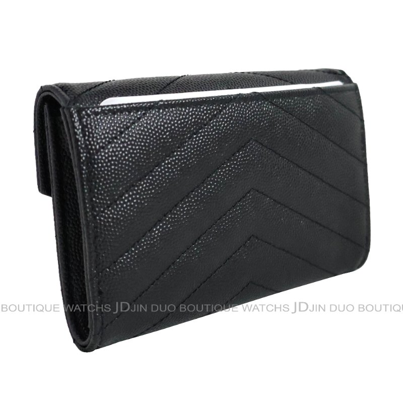 金鐸精品~C772 SAINT LAURENT YSL Monogram聖羅蘭經典山形紋金扣黑色粒面壓紋皮革小型信封款中夾 全新展示品-4