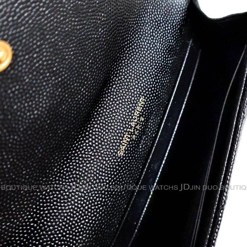 金鐸精品~C772 SAINT LAURENT YSL Monogram聖羅蘭經典山形紋金扣黑色粒面壓紋皮革小型信封款中夾 全新展示品-6