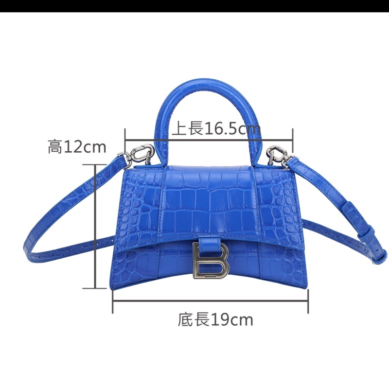 BALENCIAGA Hourglass XS B字鱷魚壓花牛皮手提/斜背沙漏包(藍色)-1
