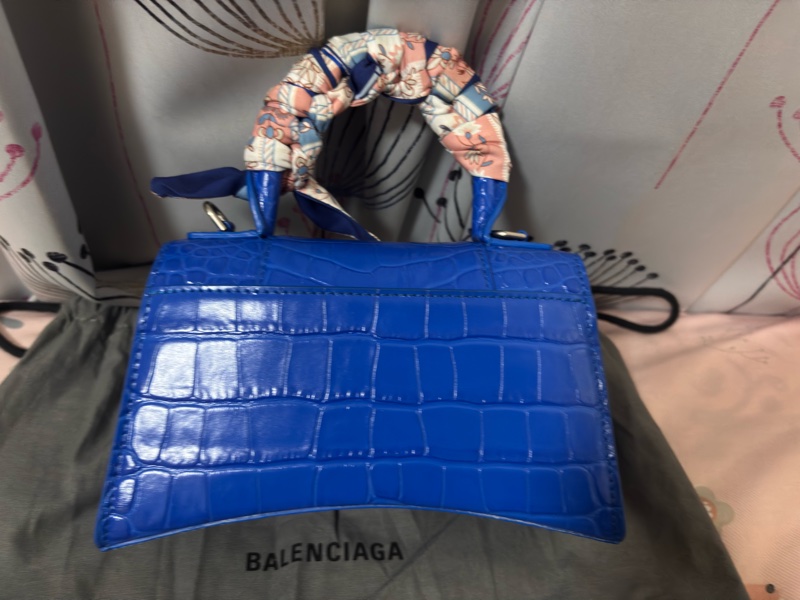 BALENCIAGA Hourglass XS B字鱷魚壓花牛皮手提/斜背沙漏包(藍色)-7