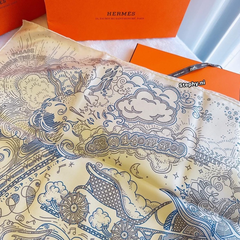 連假!全新降售_Hermés 愛馬仕 2025最新爆款Please Hold The Line 正在通話中 90x90/絲巾-8