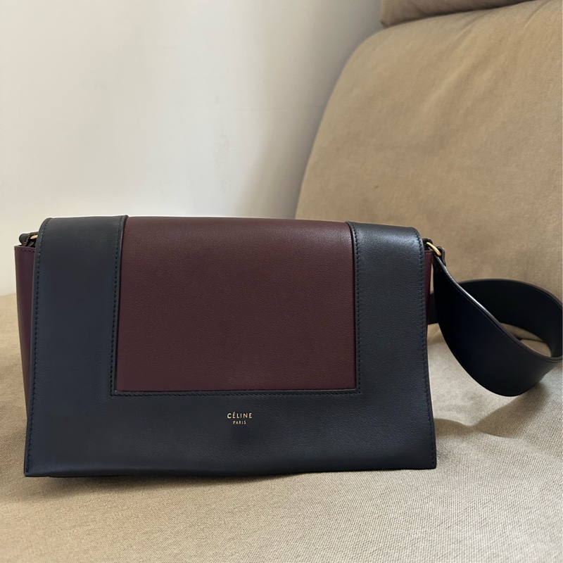 Celine frame 絕版豆腐包/酒紅拼海軍藍（深藍）/小牛皮肩背包/斜背包-0