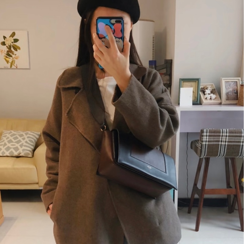 Celine frame 絕版豆腐包/酒紅拼海軍藍（深藍）/小牛皮肩背包/斜背包-4