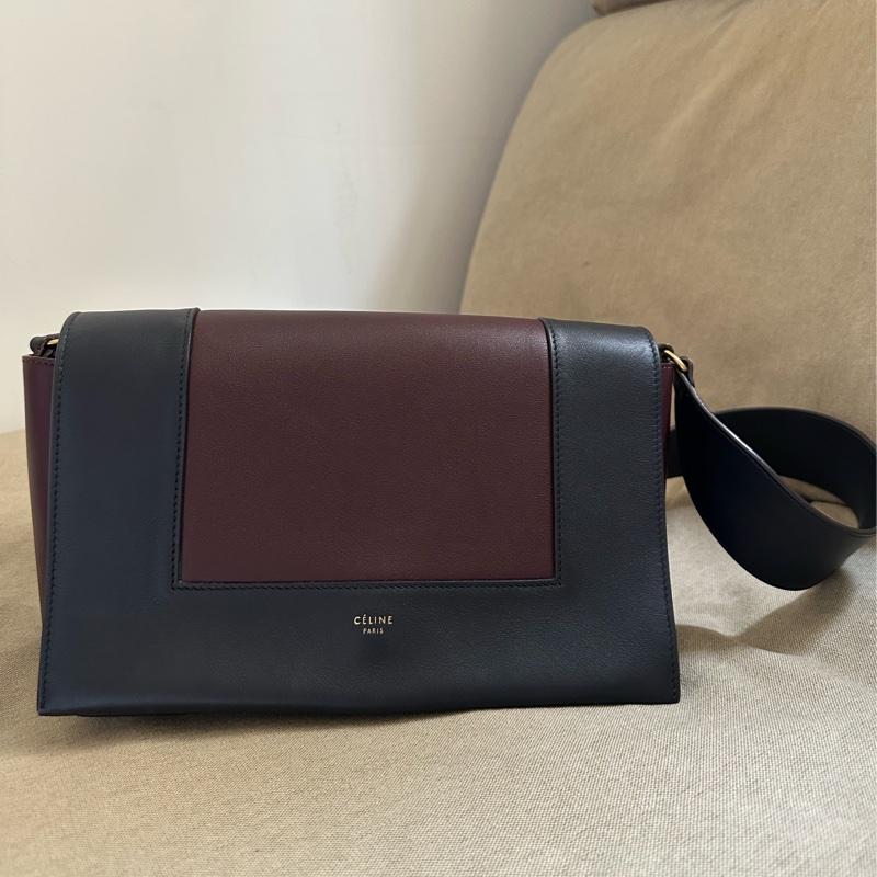 Celine frame 絕版豆腐包/酒紅拼海軍藍（深藍）/小牛皮肩背包/斜背包-5