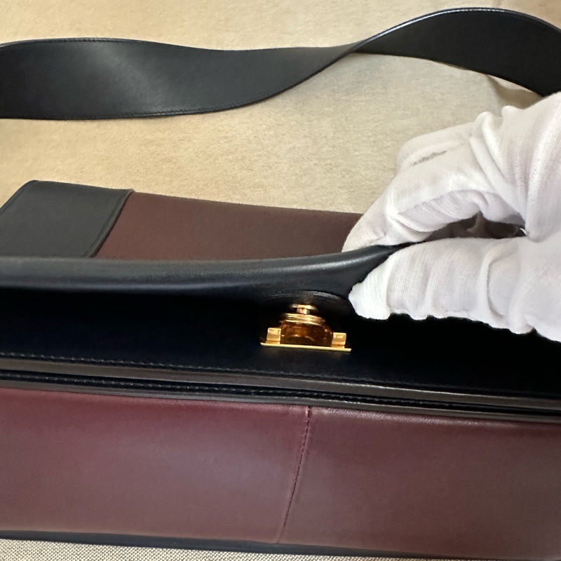 Celine frame 絕版豆腐包/酒紅拼海軍藍（深藍）/小牛皮肩背包/斜背包-19