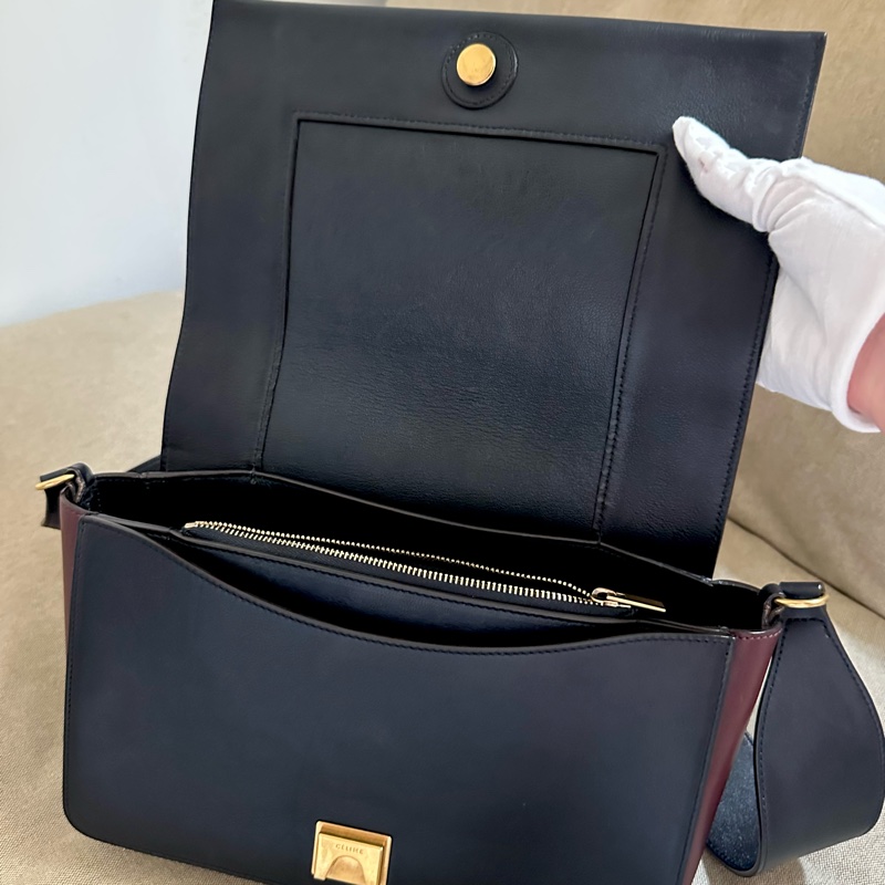 Celine frame 絕版豆腐包/酒紅拼海軍藍（深藍）/小牛皮肩背包/斜背包-25