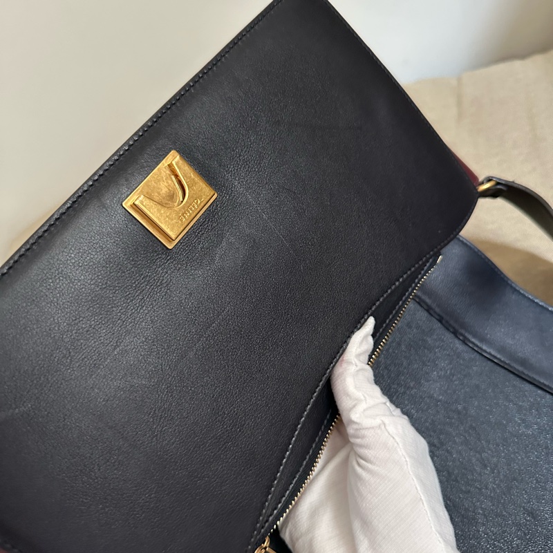 Celine frame 絕版豆腐包/酒紅拼海軍藍（深藍）/小牛皮肩背包/斜背包-29