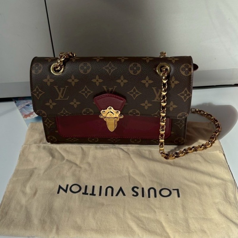 LV M41732 原花拼酒紅皮革金鍊口蓋包-2