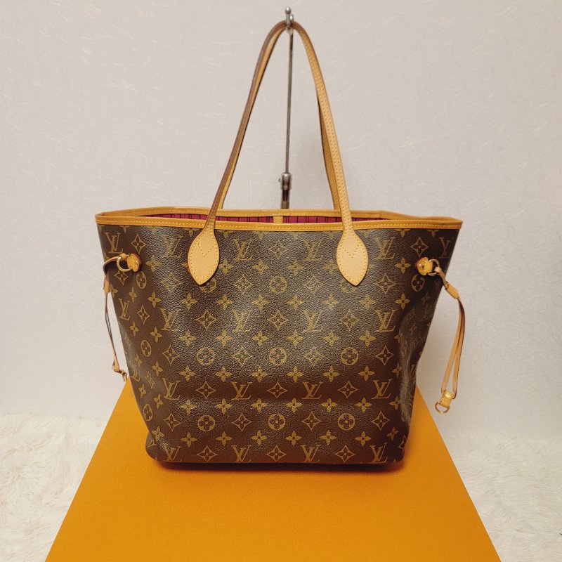 我最美 LOUIS VUITTON LV 原花帆布 Neverfull MM 肩背包 M41177 桃紅內裡 托特包 購物包 子母包 附小包包-0