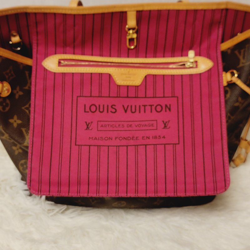 我最美 LOUIS VUITTON LV 原花帆布 Neverfull MM 肩背包 M41177 桃紅內裡 托特包 購物包 子母包 附小包包-19