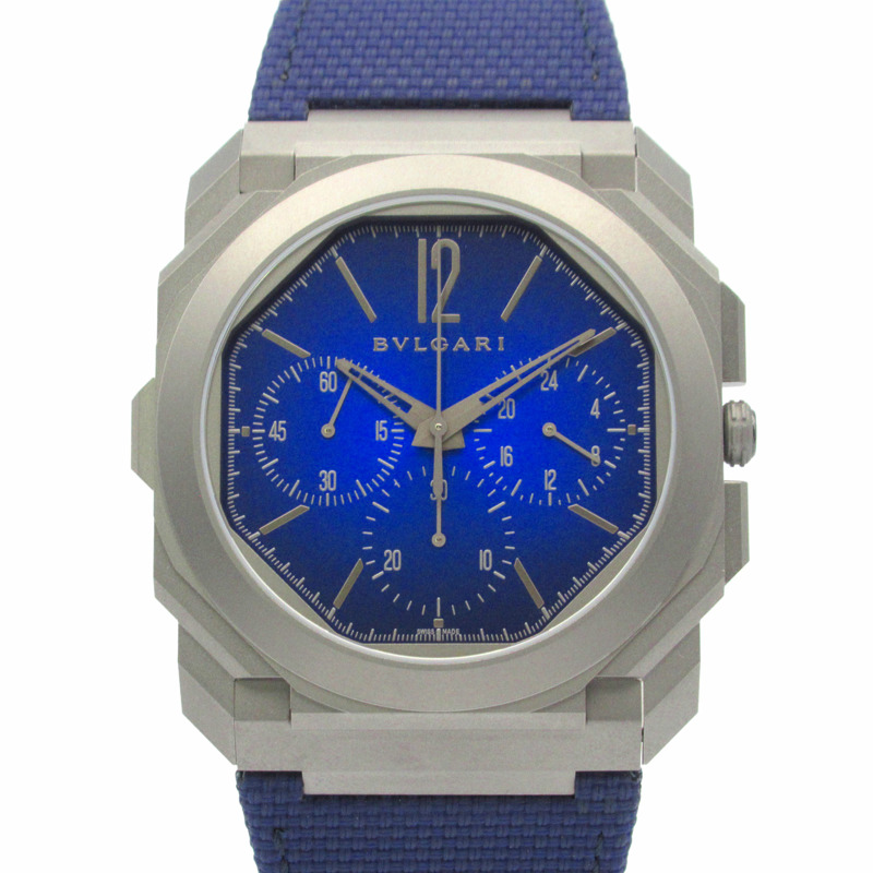 Bvlgari Octo Finissimo 計時碼錶 GMT 男士手錶，鈦金屬和皮革錶帶，藍色，103889-0