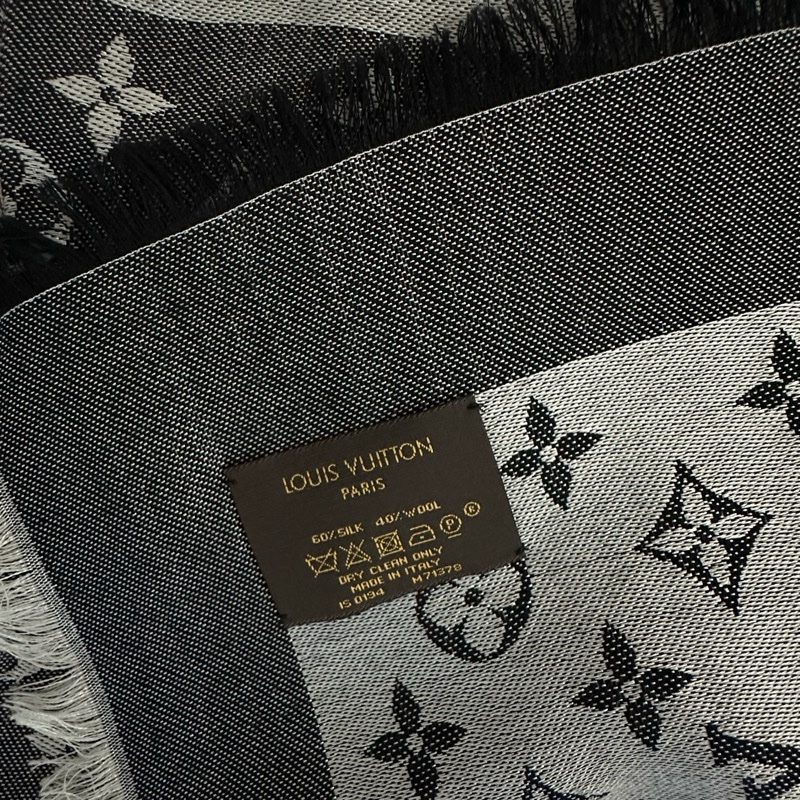 LV M71378 Monogram Denim 披肩/滿版老花/羊毛絲綢披肩/圍巾/黑銀/黑灰-10