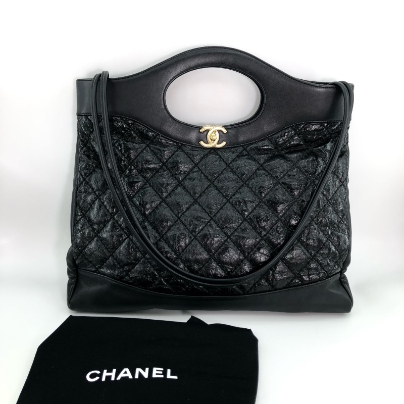 Chanel香奈兒 黑金 黑色金扣 油蠟牛皮31bag 中號 手提包 肩背包-0