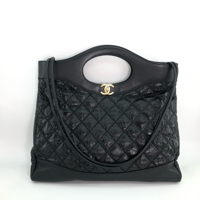 Chanel香奈兒 黑金 黑色金扣 油蠟牛皮31bag 中號 手提包 肩背包-1