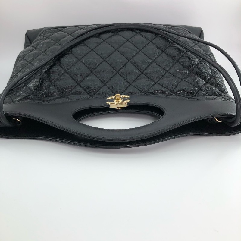 Chanel香奈兒 黑金 黑色金扣 油蠟牛皮31bag 中號 手提包 肩背包-9