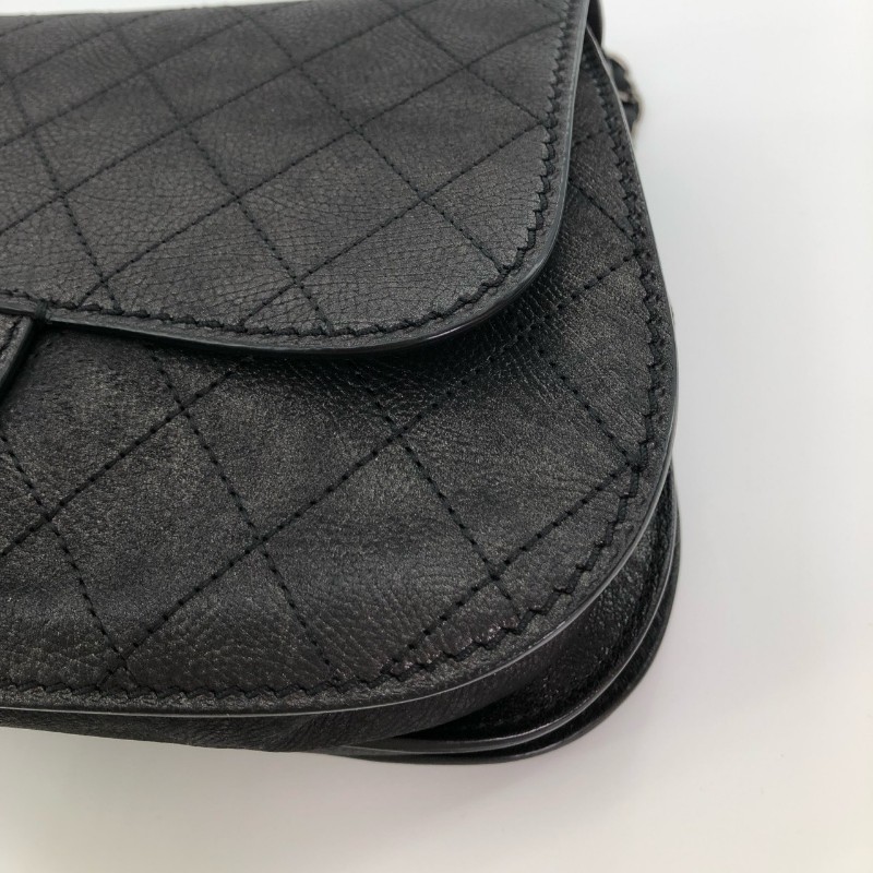 Chanel香奈兒 黑銀 黑色銀扣 外縫線 小豬包 雙子星 肩背包斜背包-9