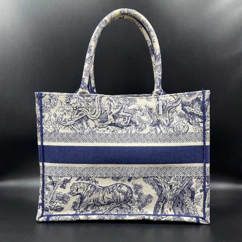 迪奧/Dior動物園托特中號 book tote 米白色和藍色茹伊印花刺繡 托特包-1