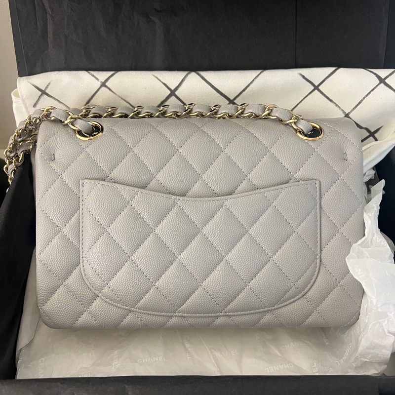 「全新膠膜在✨」Chanel CF23 晶片款 荔枝皮 淺灰 淡金釦-3