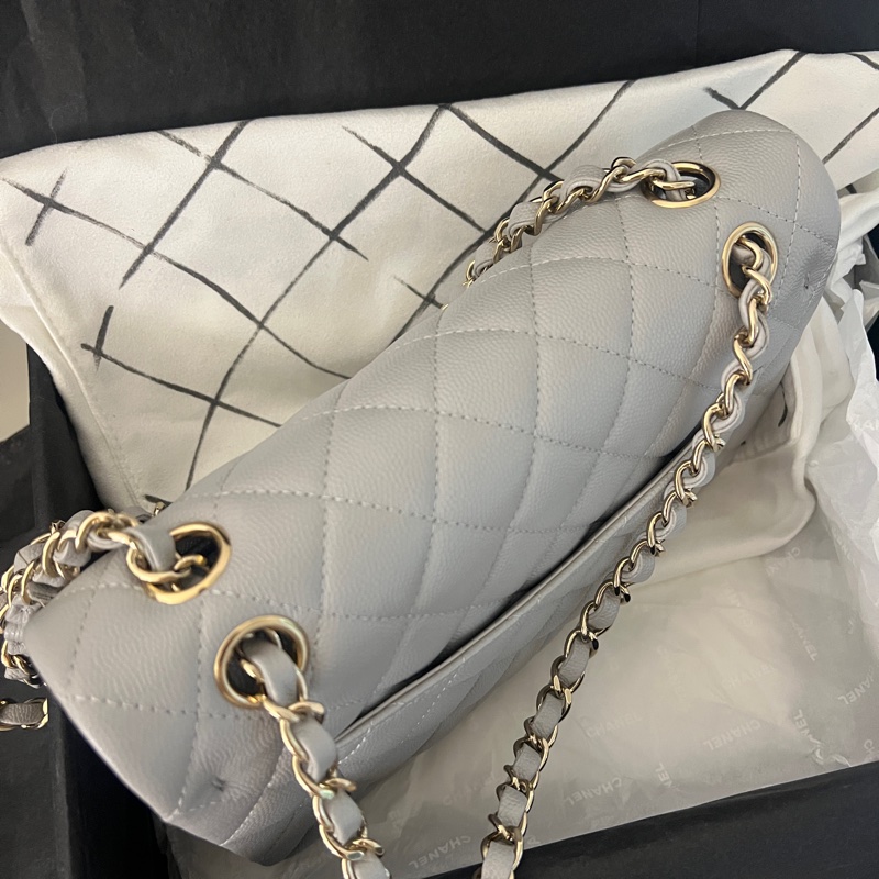 「全新膠膜在✨」Chanel CF23 晶片款 荔枝皮 淺灰 淡金釦-4