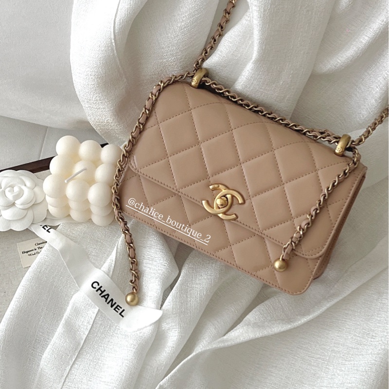 「可調長度//奶茶色🧸🤎✨」Chanel 雙金珠 雙金球 杏色 米色 19cm-0