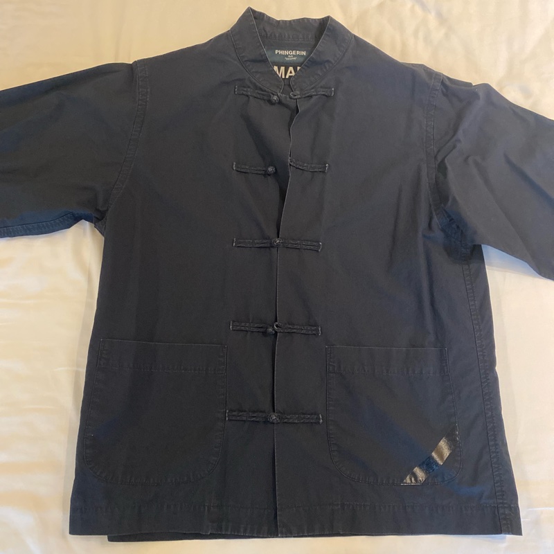 Navy blue shirt mandarin collar shirt-0