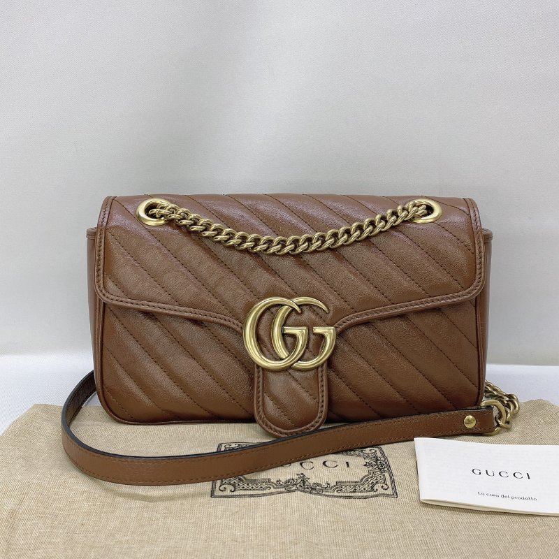 GUCCI GG Marmont棕色牛皮雙鍊肩背包-0