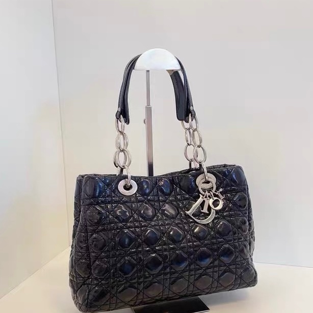 Dior 迪奧 戴妃 經典黑銀藤格紋油蠟皮托特 tote 30×20×8-0