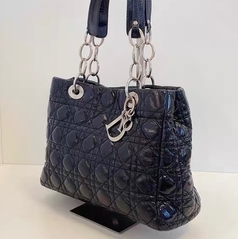 Dior 迪奧 戴妃 經典黑銀藤格紋油蠟皮托特 tote 30×20×8-1