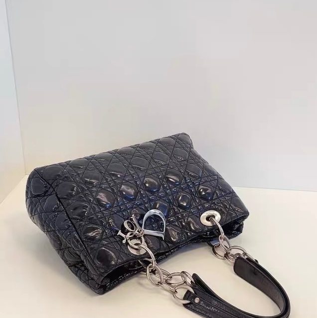 Dior 迪奧 戴妃 經典黑銀藤格紋油蠟皮托特 tote 30×20×8-6